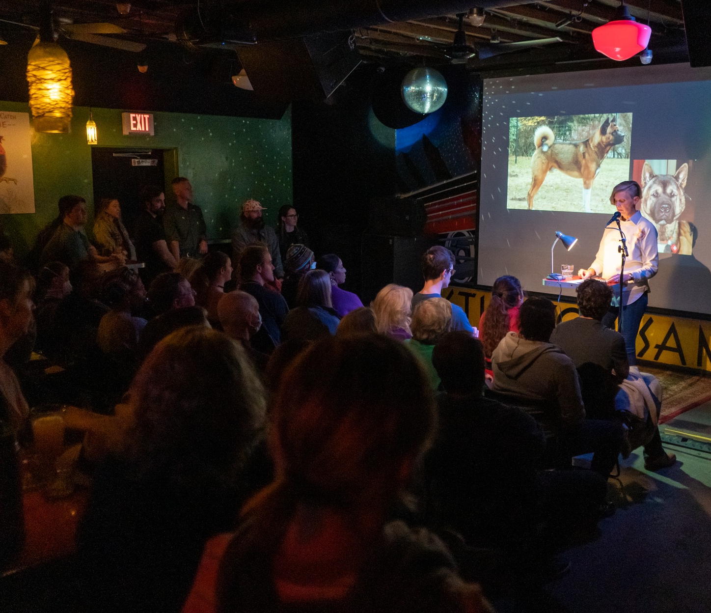 Photo of a woman at a microphone in front of a darkened room in a small bar. Behind her is a screen with two photos of large dogs